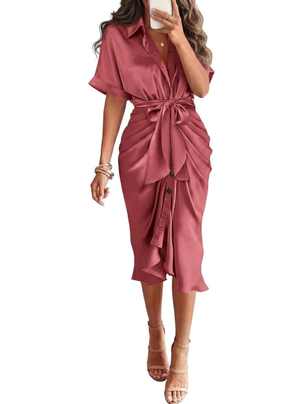 Women's Dusty Pink Short Sleeve Button Down Tie Waist Silk Satin Maxi Dresses